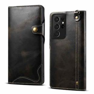 For Samsung Galaxy S21 Ultra 5G Denior Oil Wax Cowhide Magnetic Button Genuine Leather Case(Black)