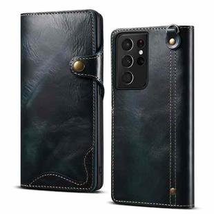 For Samsung Galaxy S21 Ultra 5G Denior Oil Wax Cowhide Magnetic Button Genuine Leather Case(Dark Blue)