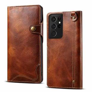 For Samsung Galaxy S21 Ultra 5G Denior Oil Wax Cowhide Magnetic Button Genuine Leather Case(Brown)