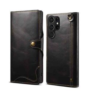 For Samsung Galaxy S22 Ultra 5G Denior Oil Wax Cowhide Magnetic Button Genuine Leather Case(Black)