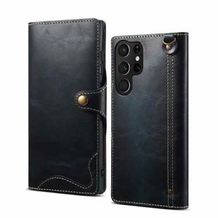 For Samsung Galaxy S22 Ultra 5G Denior Oil Wax Cowhide Magnetic Button Genuine Leather Case(Dark Blue)