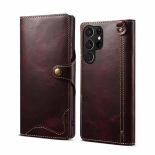 For Samsung Galaxy S22 Ultra 5G Denior Oil Wax Cowhide Magnetic Button Genuine Leather Case(Dark Red)