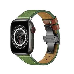 Butterfly Buckle Genuine Leather Watch Band For Apple Watch Ultra 49mm / Series 8&7 45mm / SE 2&6&SE&5&4 44mm / 3&2&1 42mm(Green+Black Buckle)