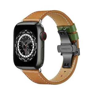 Butterfly Buckle Genuine Leather Watch Band For Apple Watch Ultra 49mm / Series 8&7 45mm / SE 2&6&SE&5&4 44mm / 3&2&1 42mm(Brown-Green+Black Buckle)