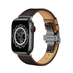 Butterfly Buckle Genuine Leather Watch Band For Apple Watch Ultra 49mm&Watch Ultra 2 49mm / Series 9&8&7 45mm / SE 3&SE 2&6&SE&5&4 44mm / 3&2&1 42mm(Coffee+Black Buckle)