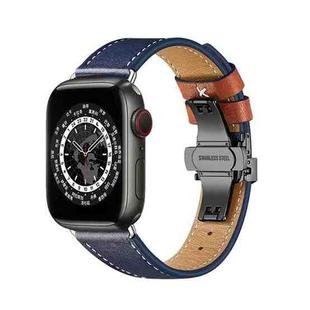 Butterfly Buckle Genuine Leather Watch Band For Apple Watch Ultra 49mm&Watch Ultra 2 49mm / Series 9&8&7 45mm / SE 3&SE 2&6&SE&5&4 44mm / 3&2&1 42mm(Blue+Black Buckle)