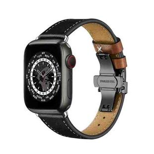 Butterfly Buckle Genuine Leather Watch Band For Apple Watch Ultra 49mm&Watch Ultra 2 49mm / Series 9&8&7 45mm / SE 3&SE 2&6&SE&5&4 44mm / 3&2&1 42mm(Black-Brown+Black Buckle)