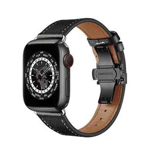 Butterfly Buckle Genuine Leather Watch Band For Apple Watch Ultra 49mm / Series 8&7 45mm / SE 2&6&SE&5&4 44mm / 3&2&1 42mm(Black+Black Buckle)