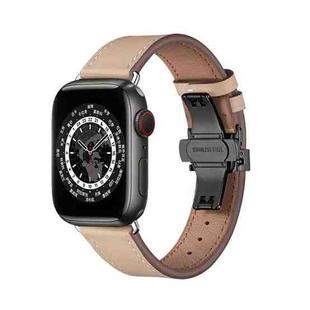 Butterfly Buckle Genuine Leather Watch Band For Apple Watch Ultra 49mm&Watch Ultra 2 49mm / Series 9&8&7 45mm / SE 3&SE 2&6&SE&5&4 44mm / 3&2&1 42mm(Apricot+Black Buckle)