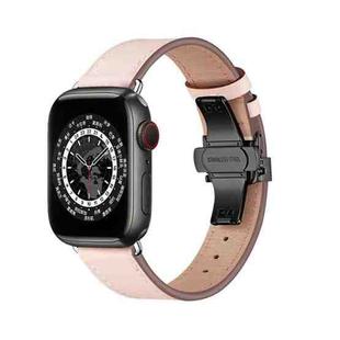 Butterfly Buckle Genuine Leather Watch Band For Apple Watch Ultra 49mm / Series 8&7 45mm / SE 2&6&SE&5&4 44mm / 3&2&1 42mm(Light Pink+Black Buckle)