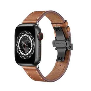 Butterfly Buckle Genuine Leather Watch Band For Apple Watch Ultra 49mm / Series 8&7 45mm / SE 2&6&SE&5&4 44mm / 3&2&1 42mm(Brown+Black Buckle)