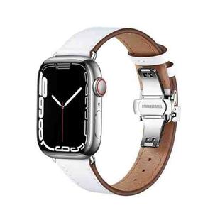 Butterfly Buckle Genuine Leather Watch Band For Apple Watch Ultra 49mm&Watch Ultra 2 49mm / Series 9&8&7 45mm / SE 3&SE 2&6&SE&5&4 44mm / 3&2&1 42mm(White+Silver Buckle)