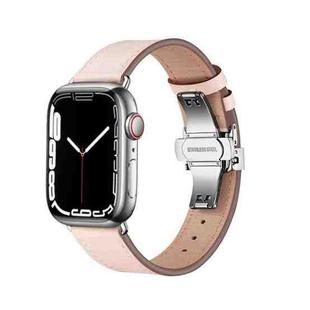 Butterfly Buckle Genuine Leather Watch Band For Apple Watch Ultra 49mm / Series 8&7 45mm / SE 2&6&SE&5&4 44mm / 3&2&1 42mm(Light Pink+Silver Buckle)