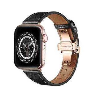 Butterfly Buckle Genuine Leather Watch Band For Apple Watch Ultra 49mm / Series 8&7 45mm / SE 2&6&SE&5&4 44mm / 3&2&1 42mm(Black+Rose Gold Buckle)