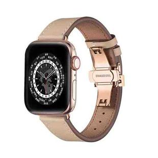 Butterfly Buckle Genuine Leather Watch Band For Apple Watch Ultra 49mm / Series 8&7 45mm / SE 2&6&SE&5&4 44mm / 3&2&1 42mm(Apricot+Rose Gold Buckle)