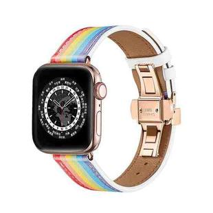 Butterfly Buckle Genuine Leather Watch Band For Apple Watch Ultra 49mm / Series 8&7 45mm / SE 2&6&SE&5&4 44mm / 3&2&1 42mm(Rainbow+Rose Gold Buckle)