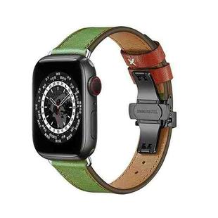 Butterfly Buckle Genuine Leather Watch Band For Apple Watch Series 8&7 41mm / SE 2&6&SE&5&4 40mm / 3&2&1 38mm(Green-Brown+Black Buckle)