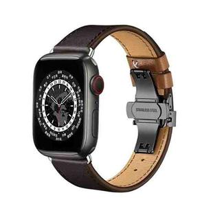 Butterfly Buckle Genuine Leather Watch Band For Apple Watch Series 9&8&7 41mm / SE 3&SE 2&6&SE&5&4 40mm / 3&2&1 38mm(Coffee+Black Buckle)