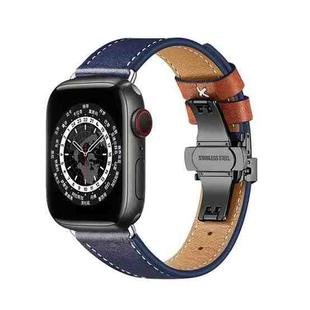 Butterfly Buckle Genuine Leather Watch Band For Apple Watch Series 8&7 41mm / SE 2&6&SE&5&4 40mm / 3&2&1 38mm(Blue+Black Buckle)