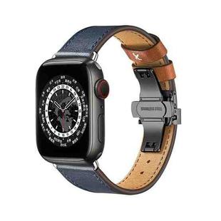 Butterfly Buckle Genuine Leather Watch Band For Apple Watch Series 9&8&7 41mm / SE 3&SE 2&6&SE&5&4 40mm / 3&2&1 38mm(Blue-Brown+Black Buckle)