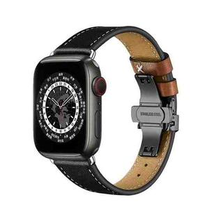 Butterfly Buckle Genuine Leather Watch Band For Apple Watch Series 8&7 41mm / SE 2&6&SE&5&4 40mm / 3&2&1 38mm(Black-Brown+Black Buckle)