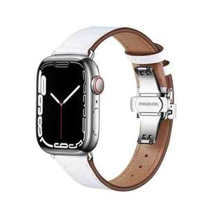 Butterfly Buckle Genuine Leather Watch Band For Apple Watch Series 8&7 41mm / SE 2&6&SE&5&4 40mm / 3&2&1 38mm(White+Silver Buckle)