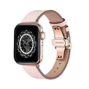 Butterfly Buckle Genuine Leather Watch Band For Apple Watch Series 8&7 41mm / SE 2&6&SE&5&4 40mm / 3&2&1 38mm(Light Pink+Rose Gold Buckle)