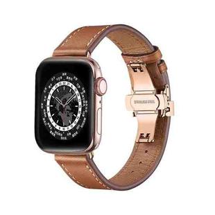 Butterfly Buckle Genuine Leather Watch Band For Apple Watch Series 8&7 41mm / SE 2&6&SE&5&4 40mm / 3&2&1 38mm(Brown+Rose Gold Buckle)