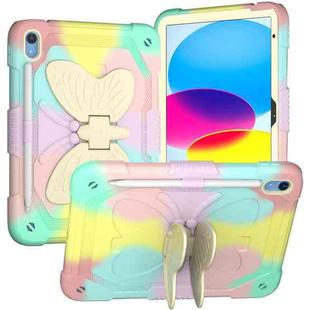 For iPad 10th Gen 10.9 2022 Butterfly Kickstand Heavy Duty Hard Rugged Tablet Case(Colorful Rose Gold)