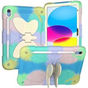 For iPad 10th Gen 10.9 2022 Butterfly Kickstand Heavy Duty Hard Rugged Tablet Case(Colorful Green)