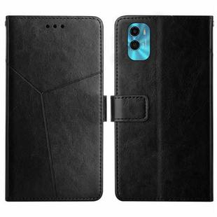 For Motorola Moto E22s HT01 Y-shaped Pattern Flip Leather Phone Case(Black)