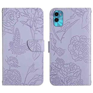 For Motorola Moto E22s HT03 Skin Feel Butterfly Embossed Flip Leather Phone Case(Purple)