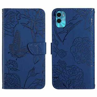 For Motorola Moto E22s HT03 Skin Feel Butterfly Embossed Flip Leather Phone Case(Blue)