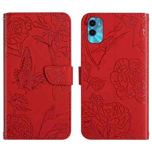 For Motorola Moto E22s HT03 Skin Feel Butterfly Embossed Flip Leather Phone Case(Red)