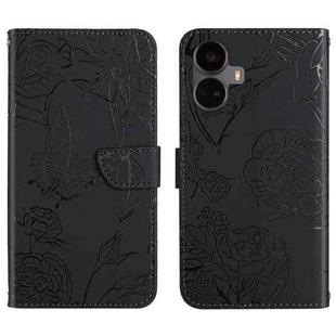 For Realme 10 Pro+ HT03 Skin Feel Butterfly Embossed Flip Leather Phone Case(Black)