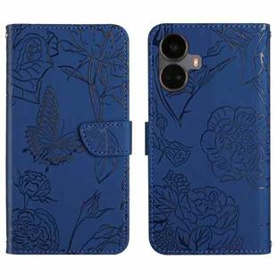 For Realme 10 Pro+ HT03 Skin Feel Butterfly Embossed Flip Leather Phone Case(Blue)