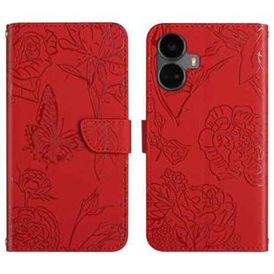 For Realme 10 Pro+ HT03 Skin Feel Butterfly Embossed Flip Leather Phone Case(Red)