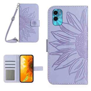 For Motorola Moto E22s Skin Feel Sun Flower Pattern Flip Leather Phone Case with Lanyard(Purple)