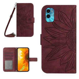 For Motorola Moto E22s Skin Feel Sun Flower Pattern Flip Leather Phone Case with Lanyard(Wine Red)