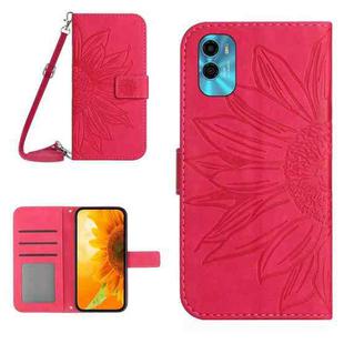 For Motorola Moto E22s Skin Feel Sun Flower Pattern Flip Leather Phone Case with Lanyard(Rose Red)