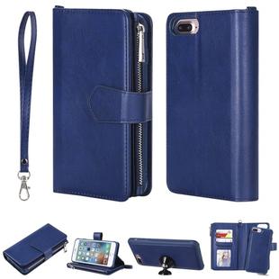 For iPhone 7 Plus / 8 Plus 2 in 1 Solid Color Zipper Shockproof Protective Case with Card Slots & Bracket & Photo Holder & Wallet Function(Blue)