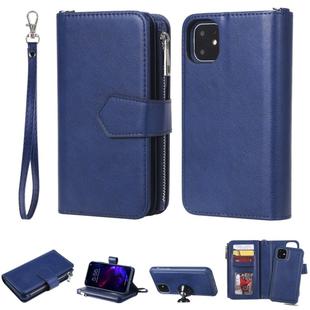 For iPhone 11 2 in 1 Solid Color Zipper Shockproof Protective Case with Card Slots & Bracket & Photo Holder & Wallet Function(Blue)