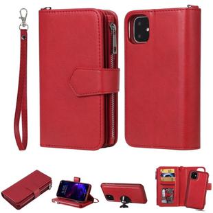 For iPhone 11 2 in 1 Solid Color Zipper Shockproof Protective Case with Card Slots & Bracket & Photo Holder & Wallet Function(Red)