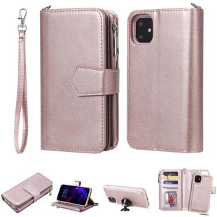 For iPhone 11 2 in 1 Solid Color Zipper Shockproof Protective Case with Card Slots & Bracket & Photo Holder & Wallet Function(Rose Gold)