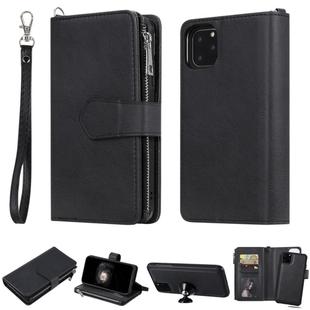 For iPhone 11 Pro Max 2 in 1 Solid Color Zipper Shockproof Protective Case with Card Slots & Bracket & Photo Holder & Wallet Function(Black)