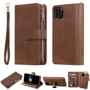 For iPhone 11 Pro Max 2 in 1 Solid Color Zipper Shockproof Protective Case with Card Slots & Bracket & Photo Holder & Wallet Function(Brown)