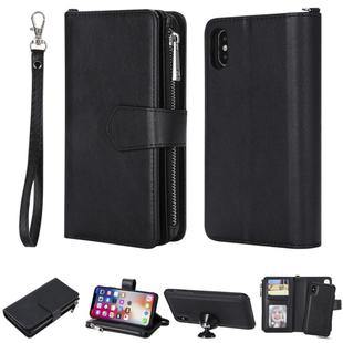 For iPhone X / XS 2 in 1 Solid Color Zipper Shockproof Protective Case with Card Slots & Bracket & Photo Holder & Wallet Function(Black)