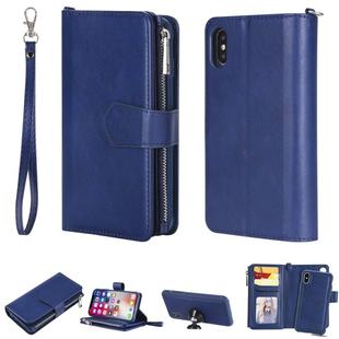 For iPhone X / XS 2 in 1 Solid Color Zipper Shockproof Protective Case with Card Slots & Bracket & Photo Holder & Wallet Function(Blue)