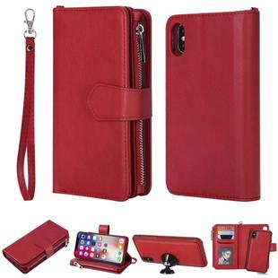 For iPhone X / XS 2 in 1 Solid Color Zipper Shockproof Protective Case with Card Slots & Bracket & Photo Holder & Wallet Function(Red)