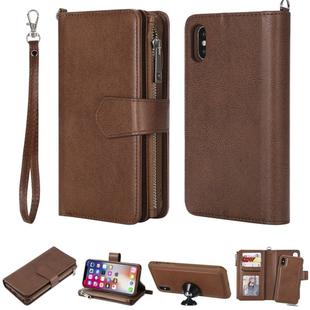 For iPhone X / XS 2 in 1 Solid Color Zipper Shockproof Protective Case with Card Slots & Bracket & Photo Holder & Wallet Function(Brown)